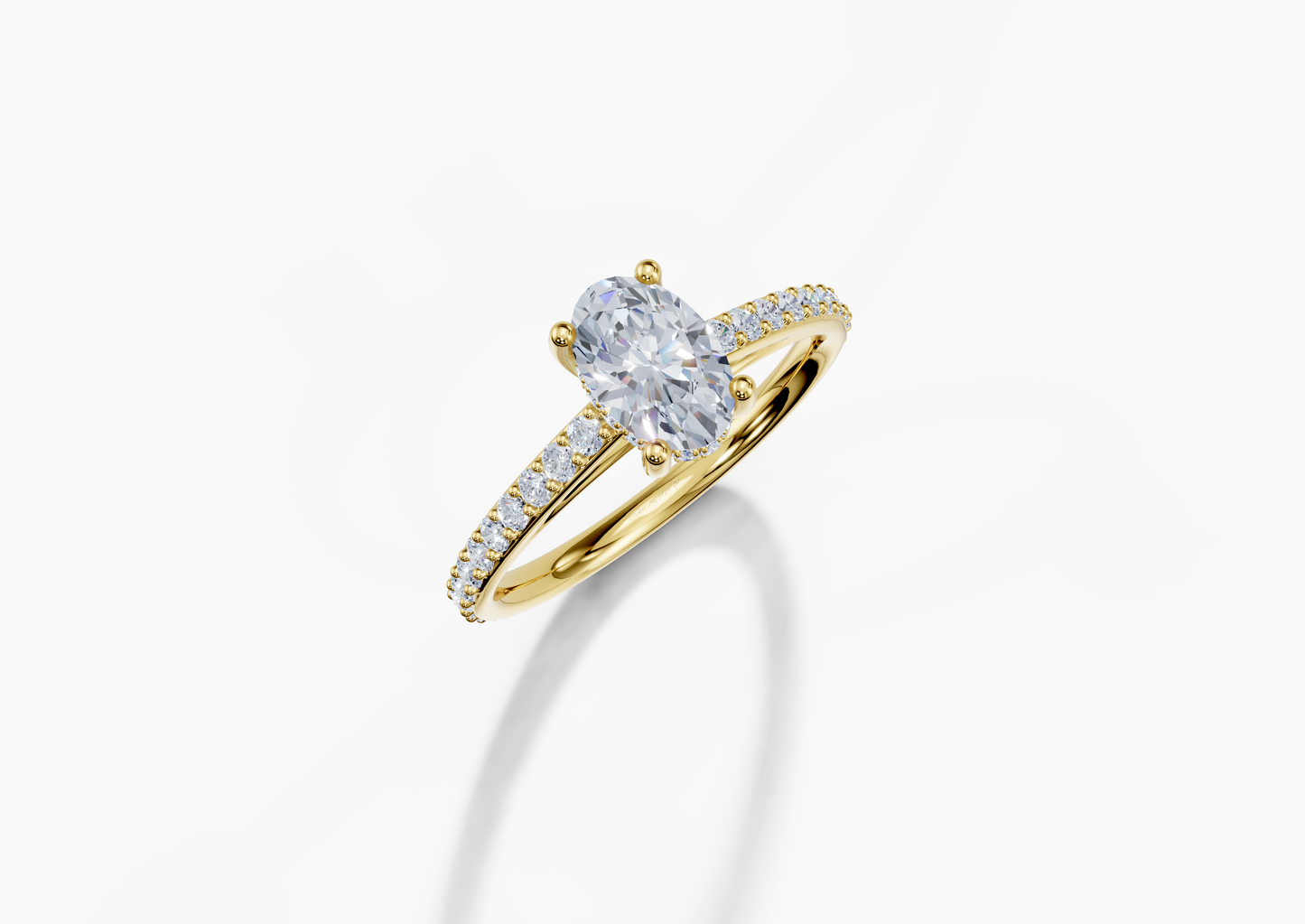 18K Oval 0.7 Carat F/G VS/SI Cathedral Plate Prong Hidden Halo Diamond Ring