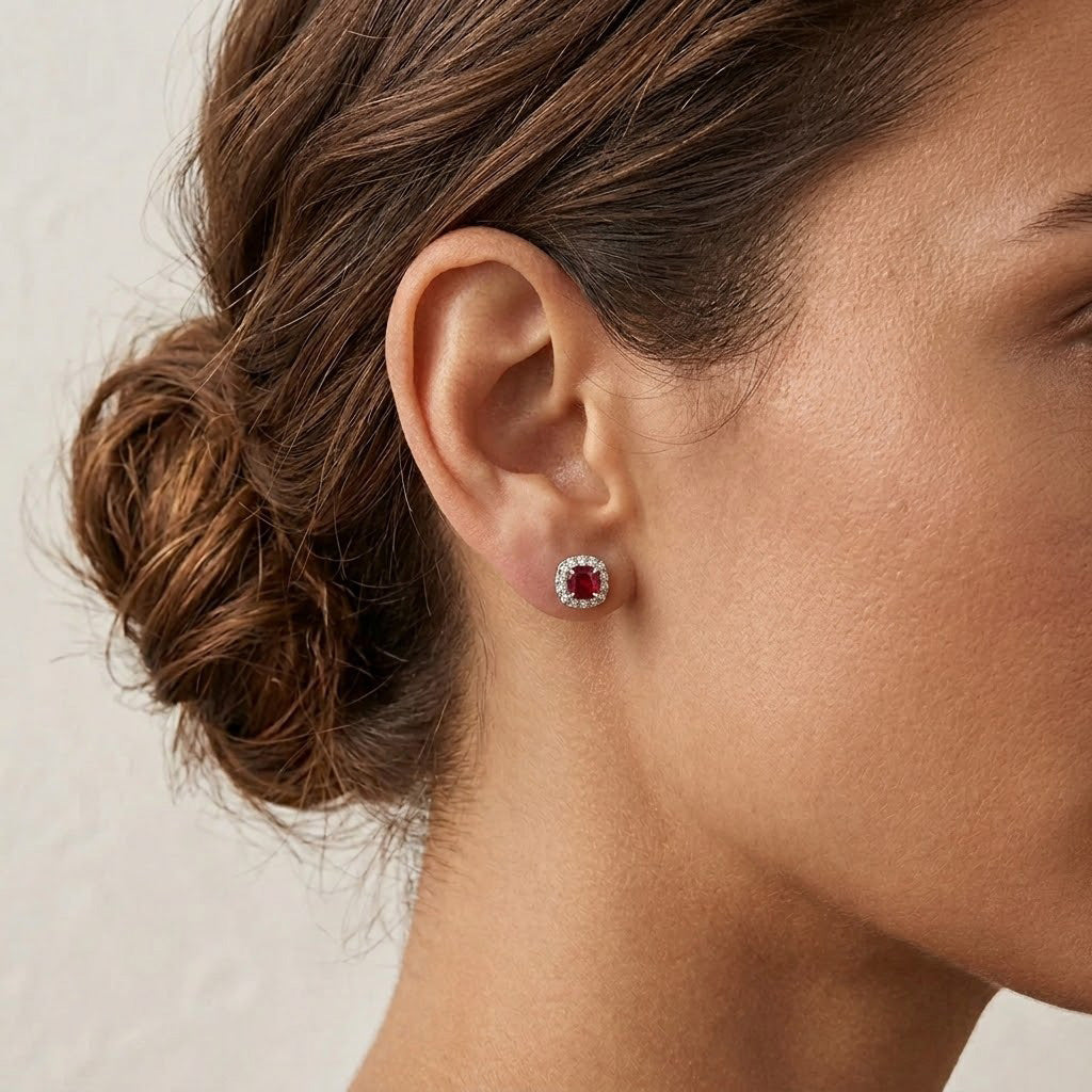 Cushion Ruby and Diamond Halo Earrings