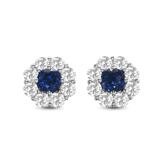 Runde Ohrringe mit blauem Saphir und Diamant-Halo