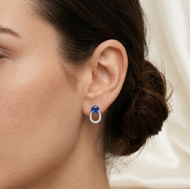 Blue Cushion Sapphire & Diamond Earrings