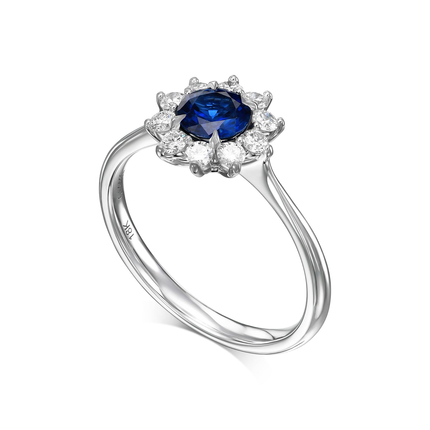 Runder blauer Saphir- und Diamant-Halo-Ring