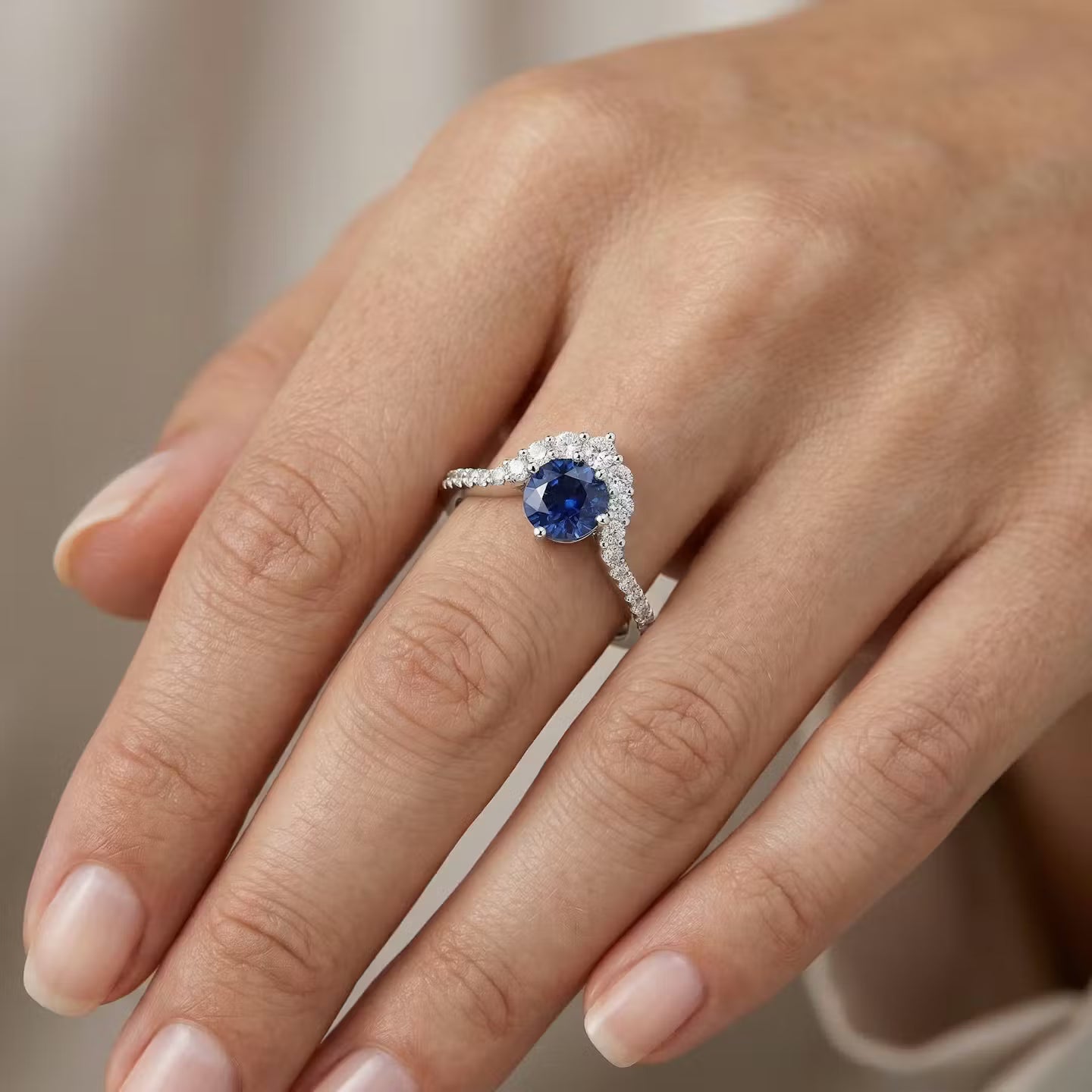 Blue Round Sapphire & Diamond Halo Ring