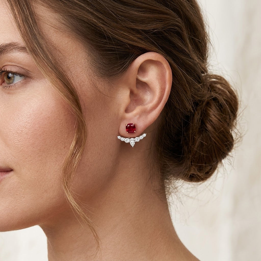 Red Ruby Studs and Diamond Ear Climbers