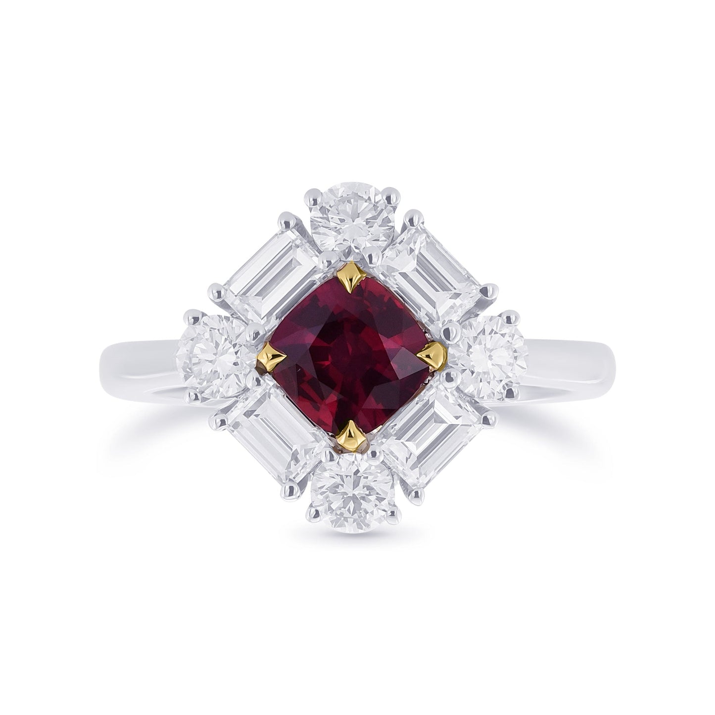 Kissenförmiger roter Rubin und Diamant-Halo-Ring