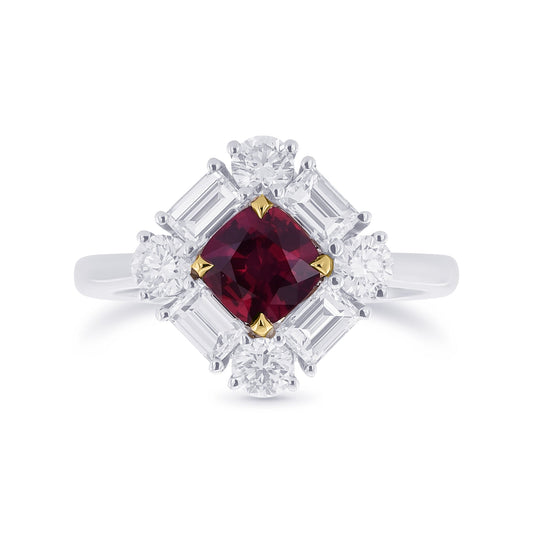 Kissenförmiger roter Rubin und Diamant-Halo-Ring