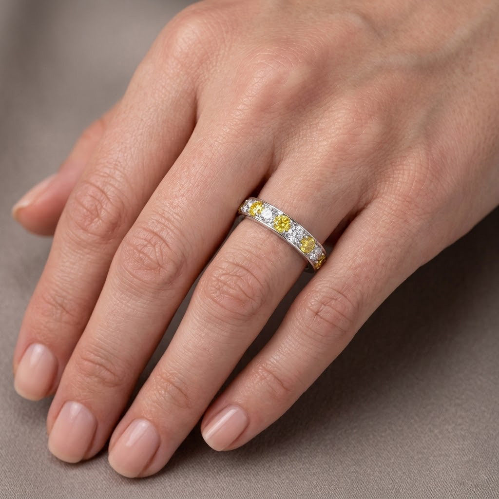 Fancy Vivid Orange Yellow and White Round Diamond Band Ring