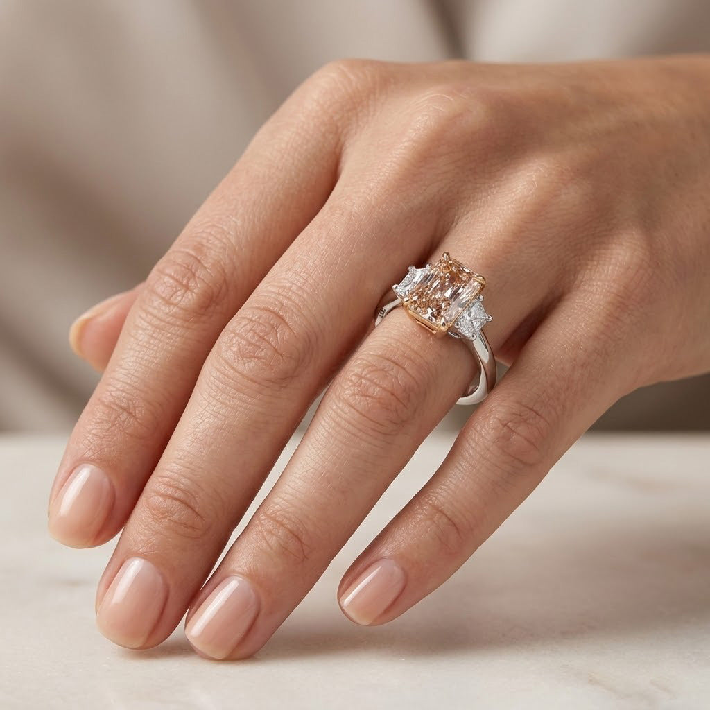 Ausgefallener, rosabrauner, strahlender Dreistein-Diamantring