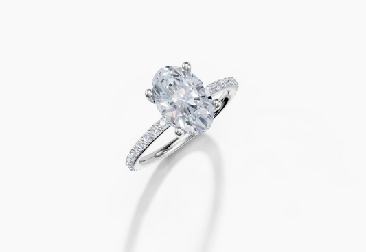 18K Oval 2 Carat G/H SI Plain Plate Prong Hidden Halo Diamond Ring