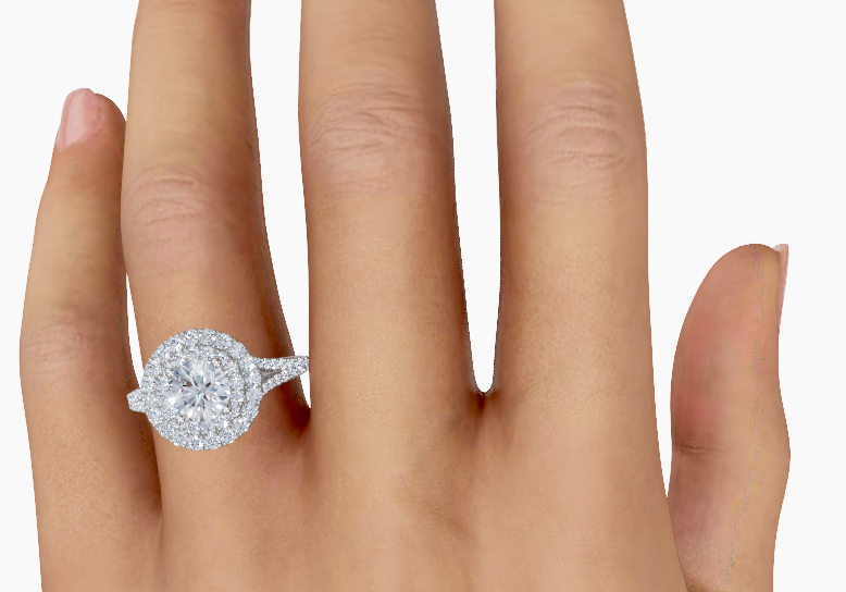 Platinum Round 1 Carat E/F VS Split Plate Prong Double Halo Diamond Ring