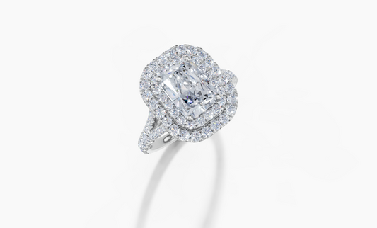 18K Radiant 1.5 Carat F/G VS/SI Split U Micro Double Halo Diamond Ring