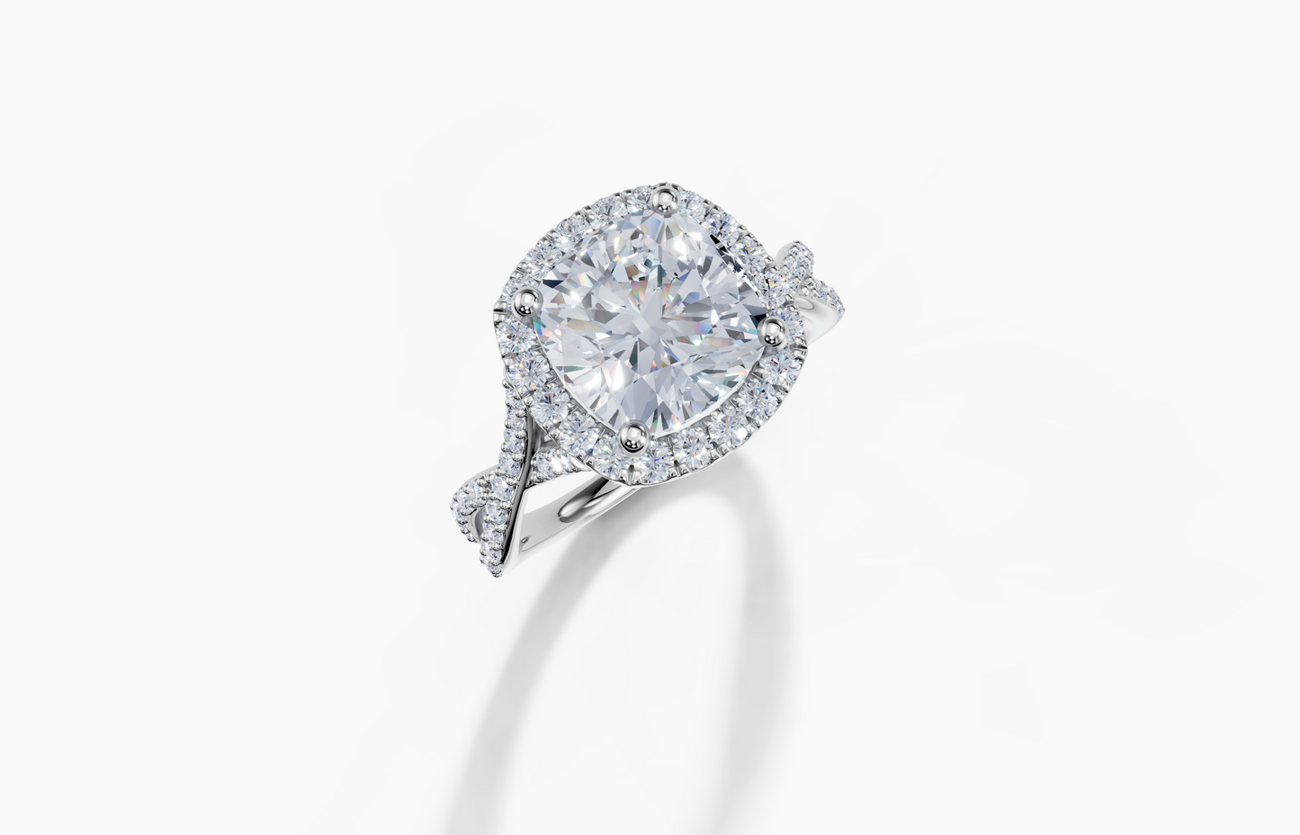 18K Cushion 3 Carat F/G VS/SI Twisted Plate Prong Single Halo Diamond Ring
