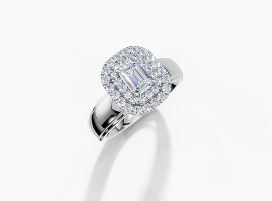 Platinum Emerald 0.5 Carat G/H SI Wide Plain Plain Double Halo Diamond Ring