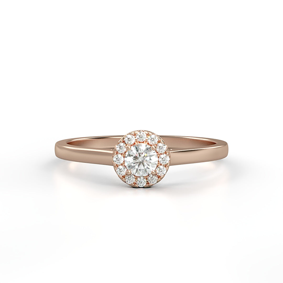 Verlobungsring Amelie mit 0.10 ct W/SI-Diamant, umrahmt von 0.05 ct H/SI-Diamanten im Halo – erhältlich in München und Augsburg

