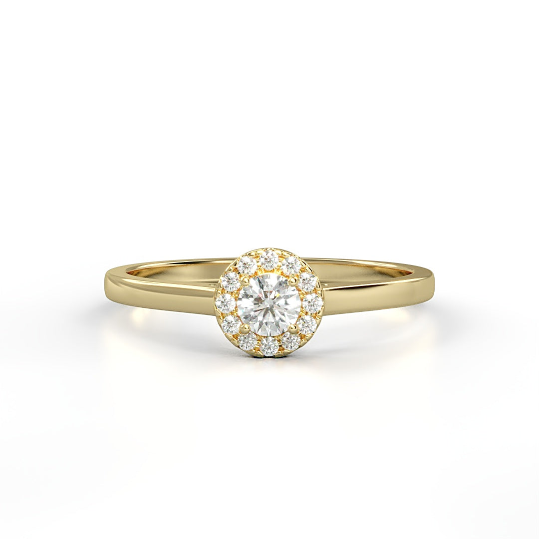 Verlobungsring Amelie mit 0.10 ct W/SI-Diamant, umrahmt von 0.05 ct H/SI-Diamanten im Halo – erhältlich in München und Augsburg

