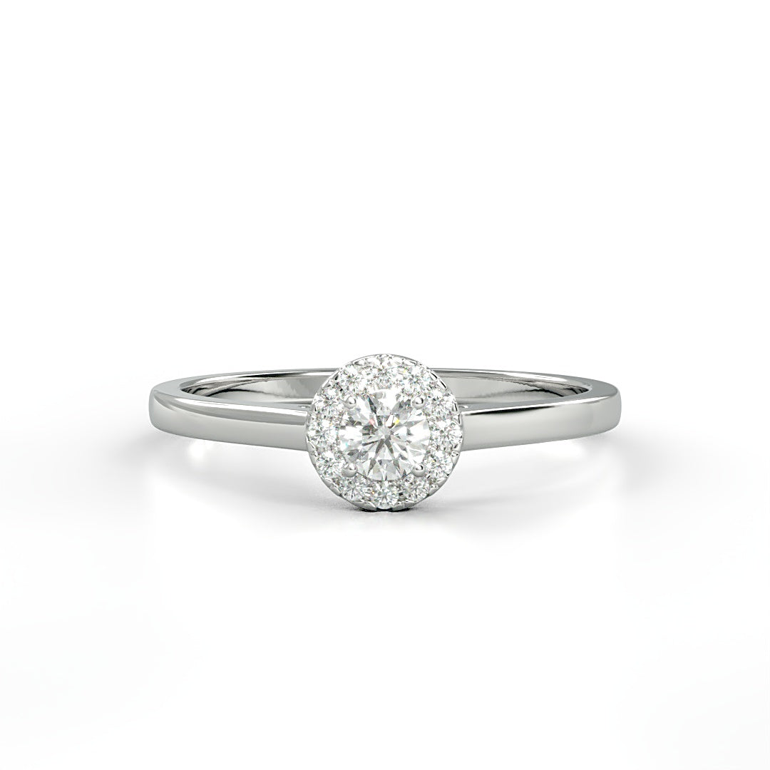 Verlobungsring Amelie mit 0.10 ct W/SI-Diamant, umrahmt von 0.05 ct H/SI-Diamanten im Halo – erhältlich in München und Augsburg

