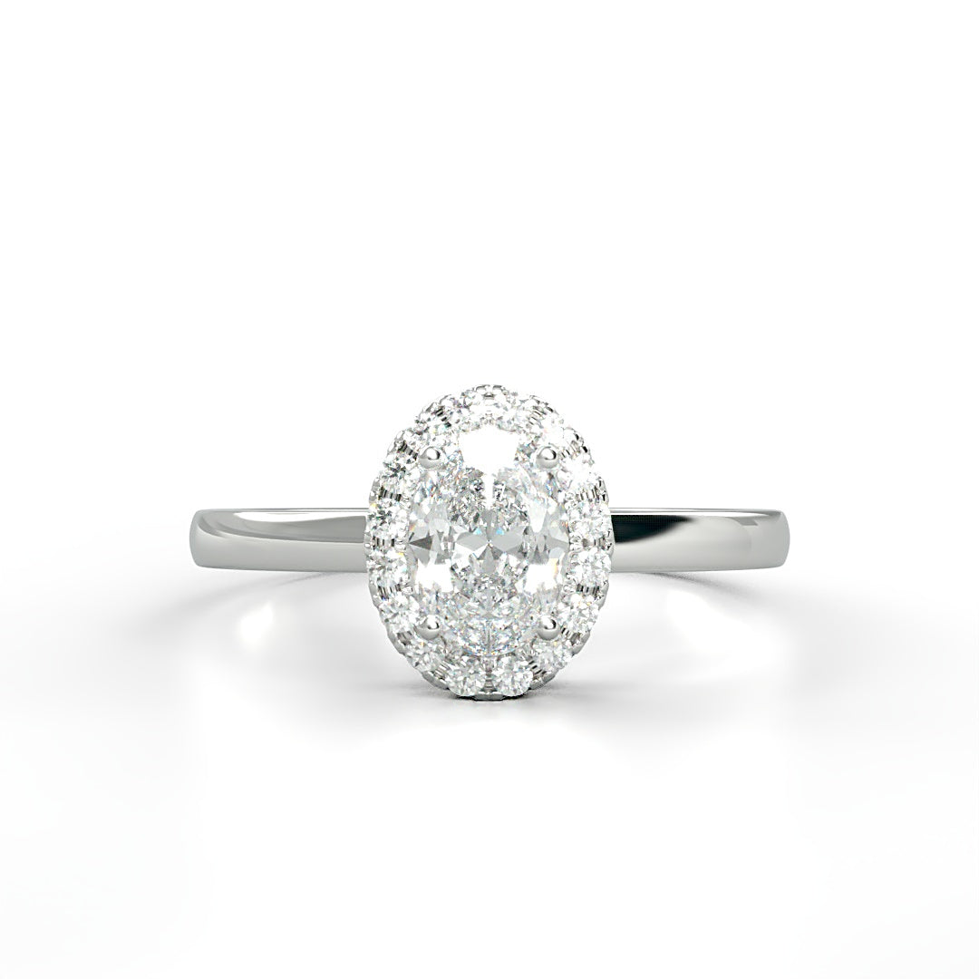 Verlobungsring Milane mit 0.90ct G/SI Oval-Cut Diamant, Halo aus 0.24ct G/S Brillanten, elegante Ringschiene – erhältlich in München und Augsburg