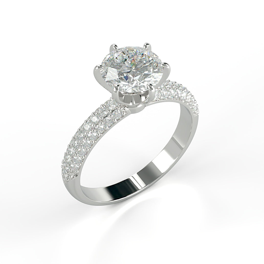 Verlobungsring Ling mit 1.0 ct G/SI-Diamant in 6-Krappen-Fassung, ergänzt durch 0.26 ct seitliche G/SI-Diamanten – erhältlich in München und Augsburg