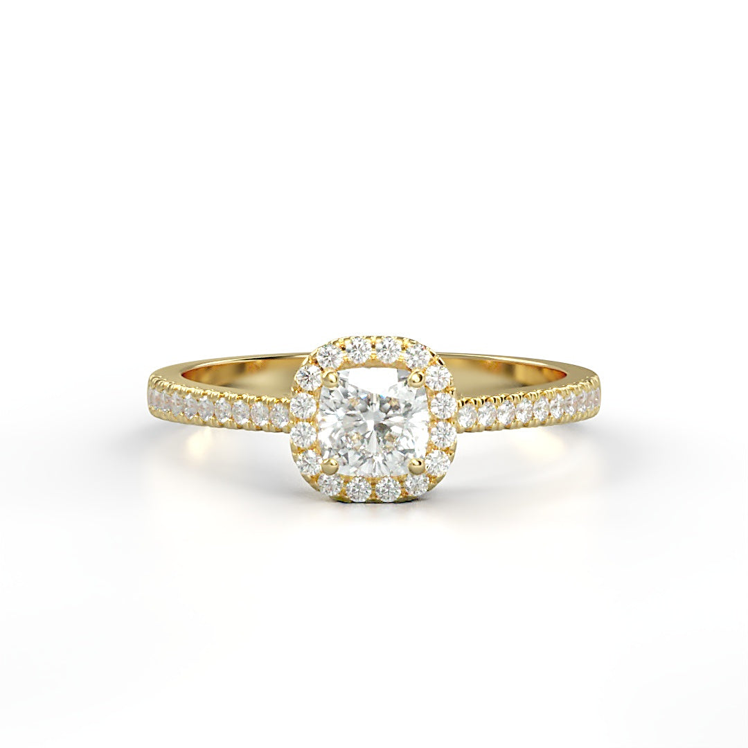 Verlobungsring Aurélie mit 0.30ct G/VS Cushion-Cut Diamant, Halo aus Diamanten, 0.17ct seitliche Diamanten – erhältlich in München und Augsburg
