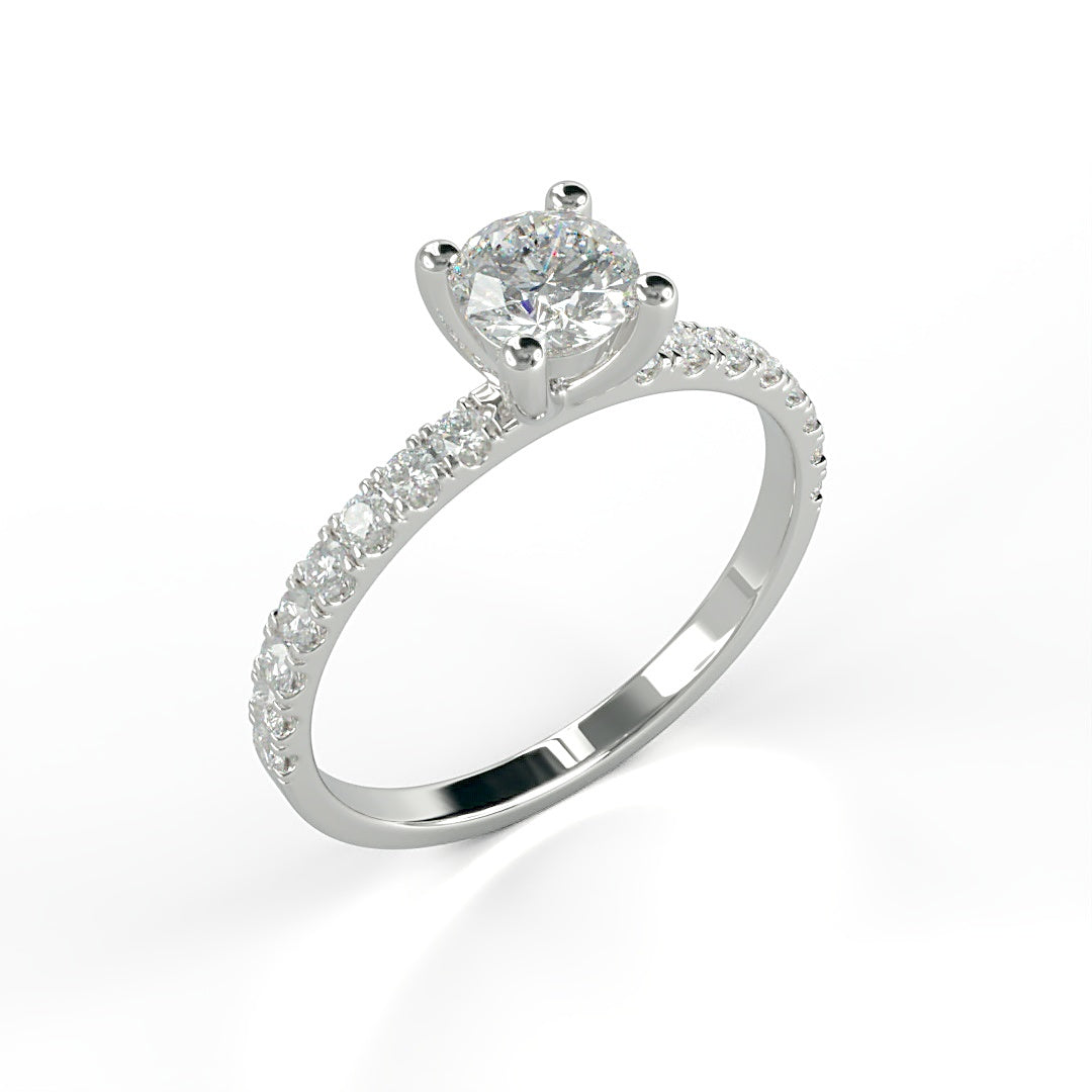 Klassischer Verlobungsring Daniela mit 0.70 ct TW/VVS-Diamant in 4-Krappen-Fassung und 0.25 ct G/VS-Diamanten an der Ringschiene – erhältlich in München und Augsburg

