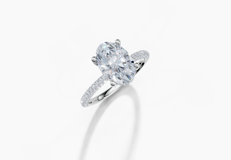 18K Oval 2 Carat D/E/F VS/VVS Plain U Micro Hidden Halo Diamond Ring