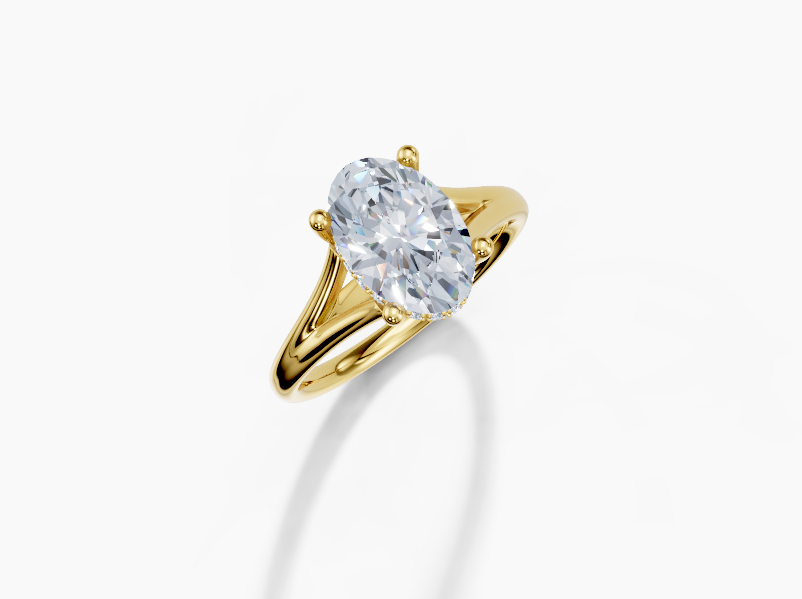18K Oval 2 Carat D/E/F VS/VVS Split Plain Hidden Halo Diamond Ring