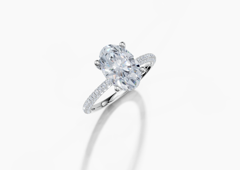 18K Oval 2 Carat G/H SI Plain U Micro Hidden Halo Diamond Ring