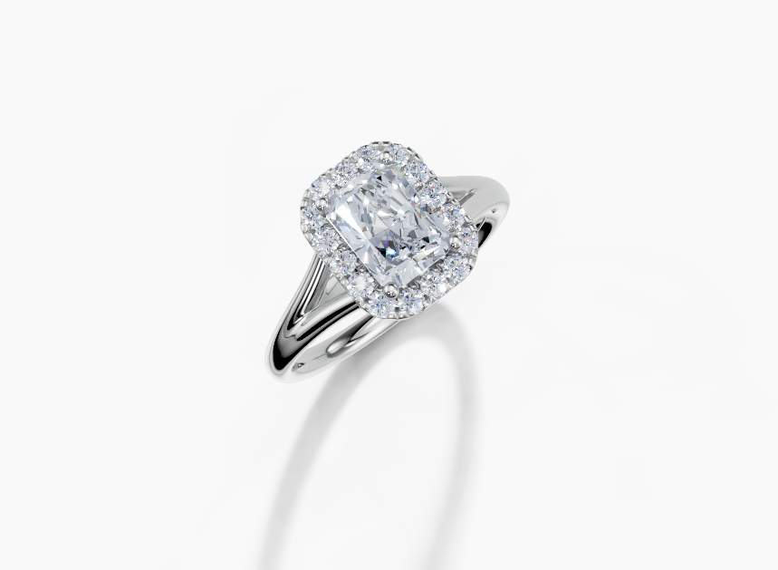 18K Radiant 1 Carat G/H SI Split Plain Single Halo Diamond Ring