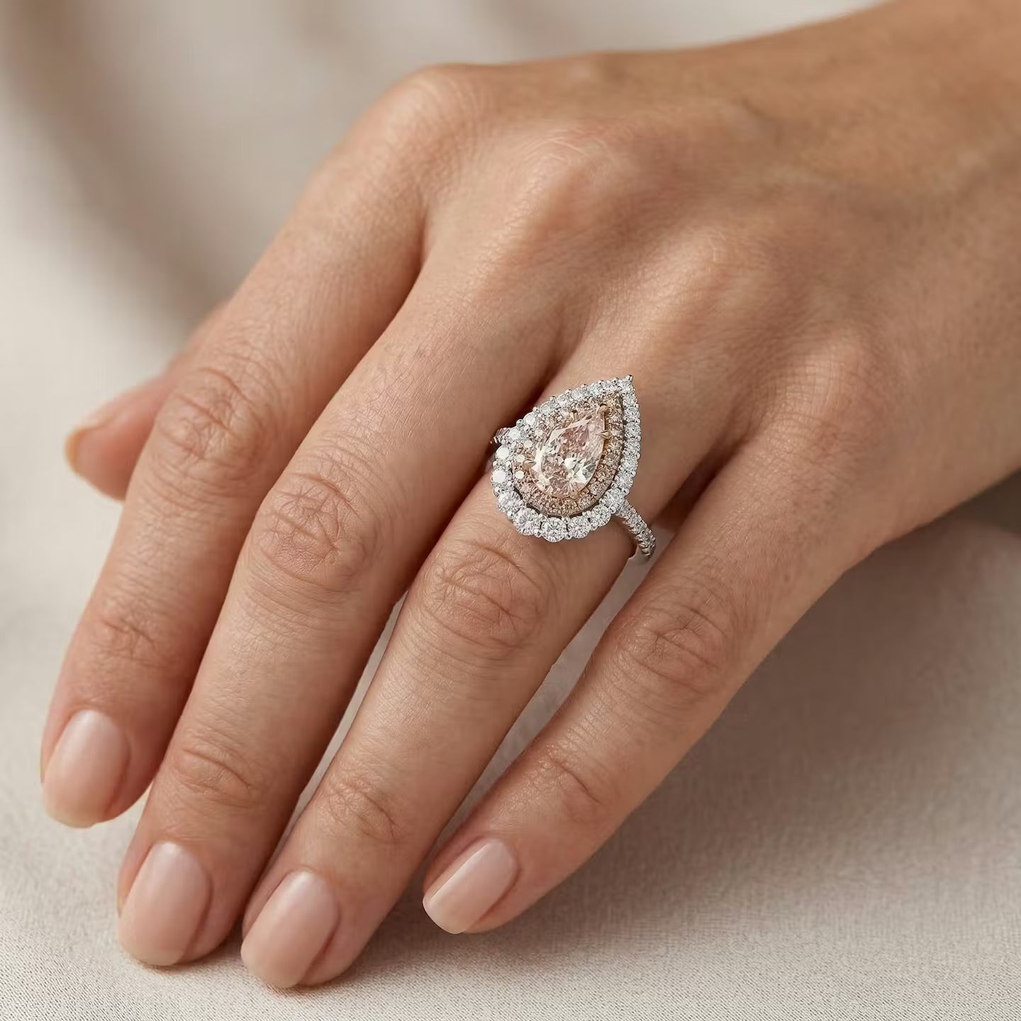 Light Pinkish Brown Pear Diamond Double Halo Ring