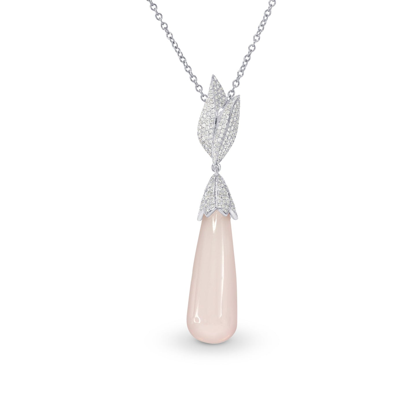 Tropfenanhänger aus Rosenquarz und Diamanten