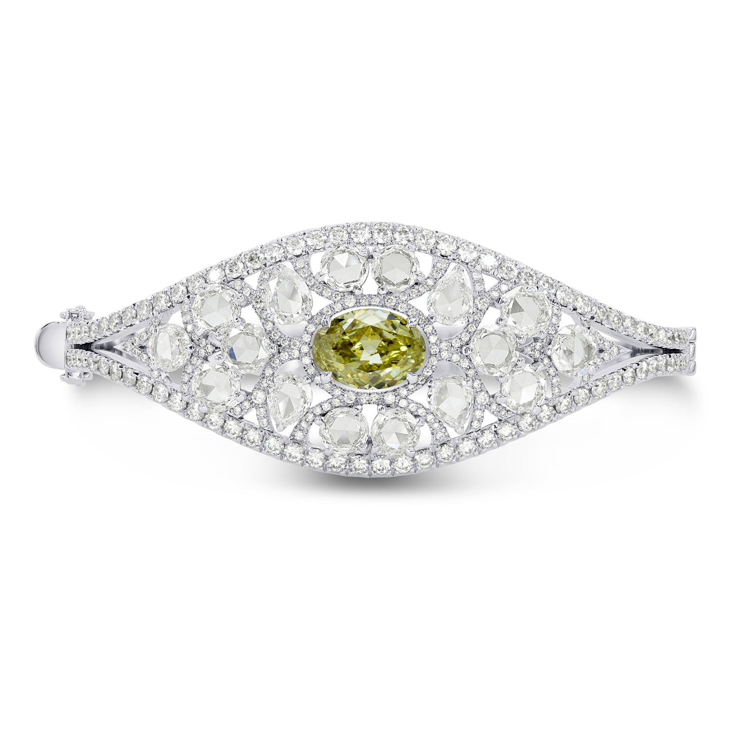 Extraordinary Grayish Greenish Yellow Oval & Rose-cut Diamond Bangle
