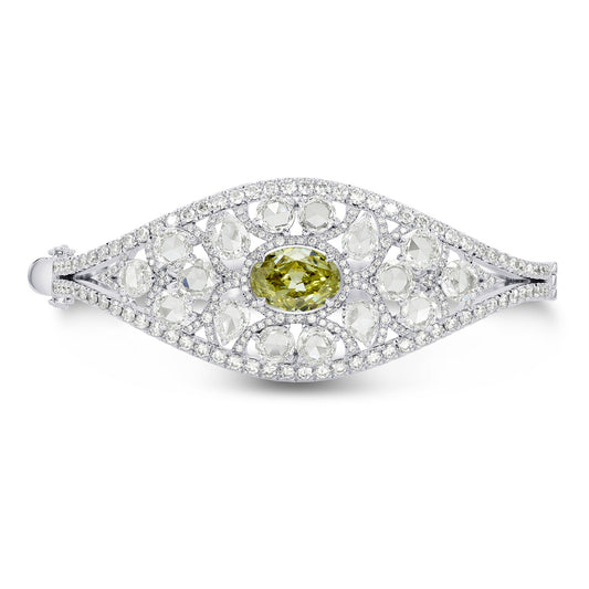 Außergewöhnliches Armband mit ovalem und rosengeschliffenem Diamanten in Graugrün-Gelb