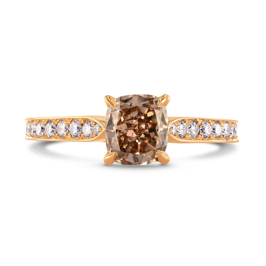 Ausgefallener brauner Kissen- und Pavé-Diamantring mit Seitensteinen
