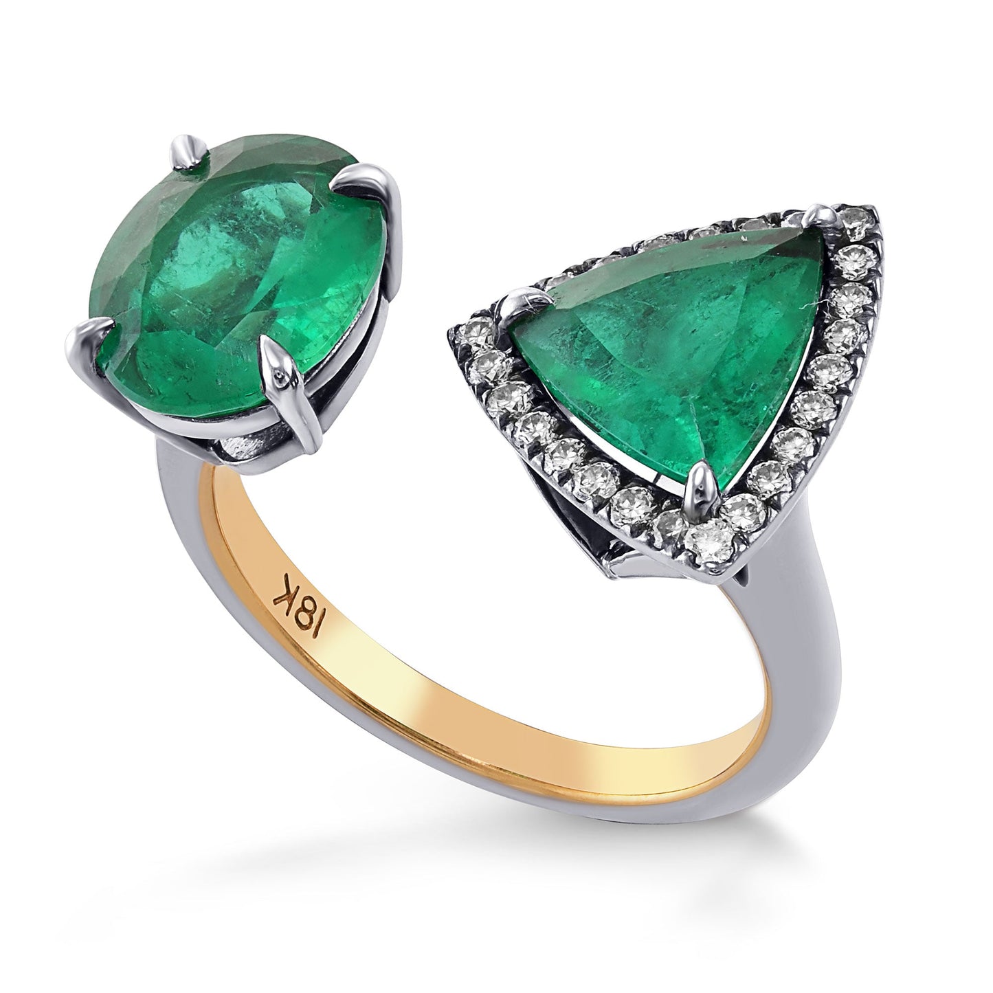 Two-stone Trilliant and Oval Emerald Ring