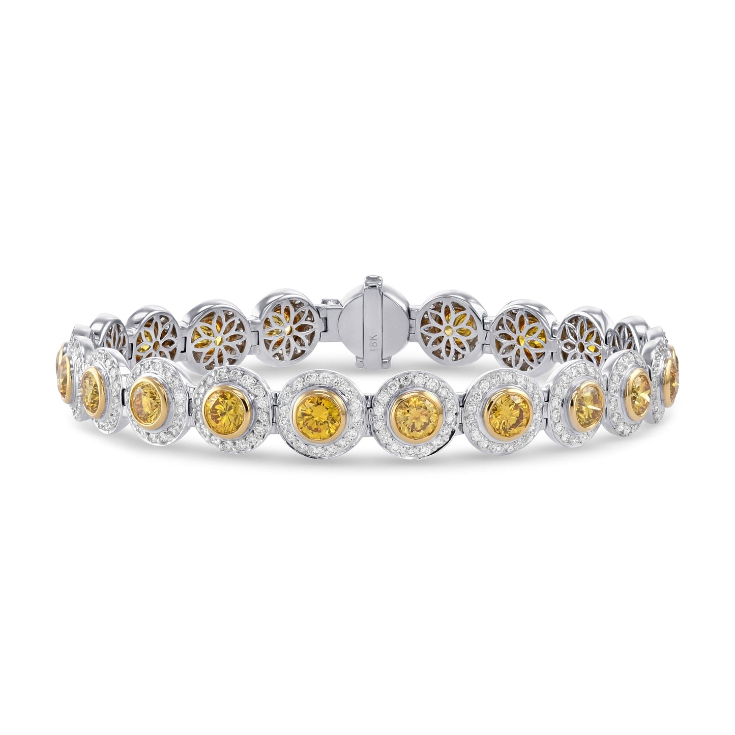 Armband mit rundem, brillantem, leuchtend gelbem Diamanten und Halo-Fassung