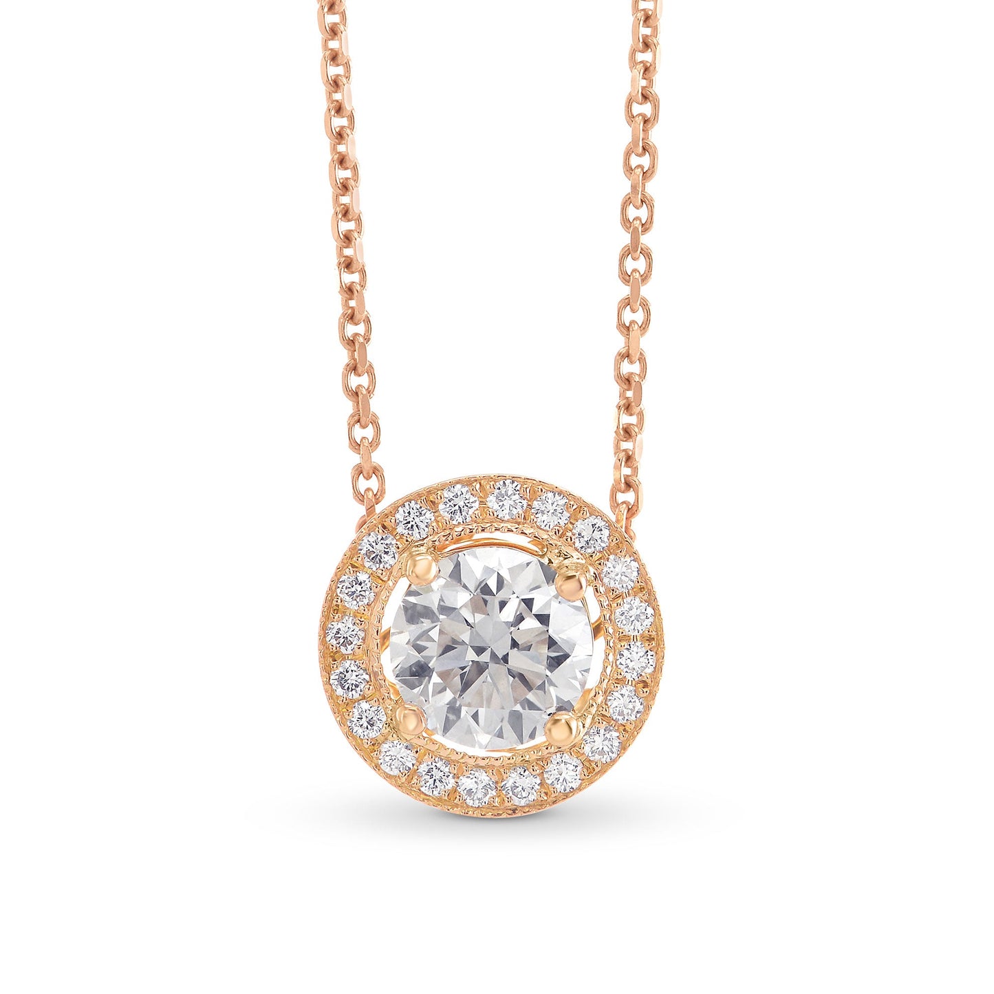 Runder, brillantgeschliffener Diamantanhänger aus Roségold mit Halo-Fassung