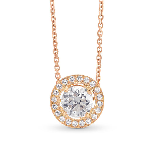Runder, brillantgeschliffener Diamantanhänger aus Roségold mit Halo-Fassung