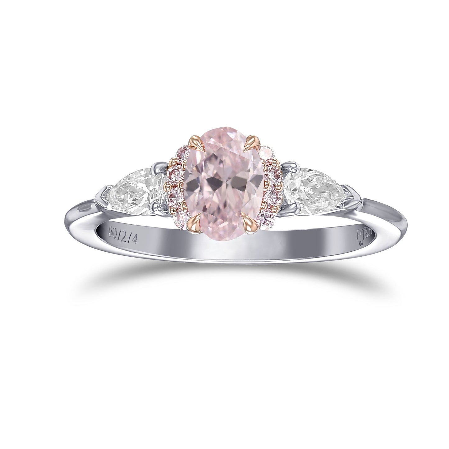 Ring mit ovalem und birnenförmigem rosa Diamanten und Halb-Halo