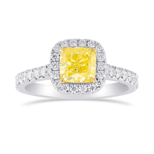 Ring mit Halo und einem kissenförmigen, intensiv gelben Diamanten