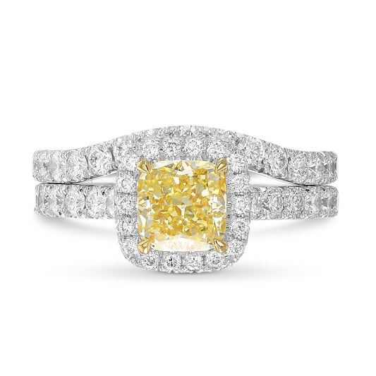 Ring-Set mit hellgelbem Kissenschliff-Diamanten und Halo-Fassung