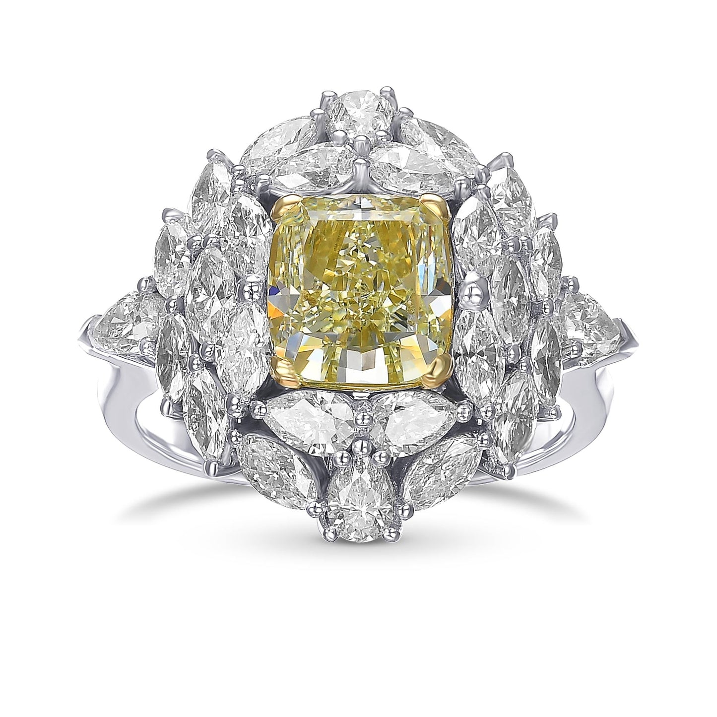 Außergewöhnlicher Ring mit grünem und gelbem Kissen-Diamanten