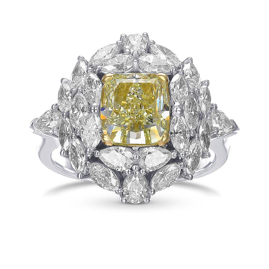 Außergewöhnlicher Ring mit grünem und gelbem Kissen-Diamanten