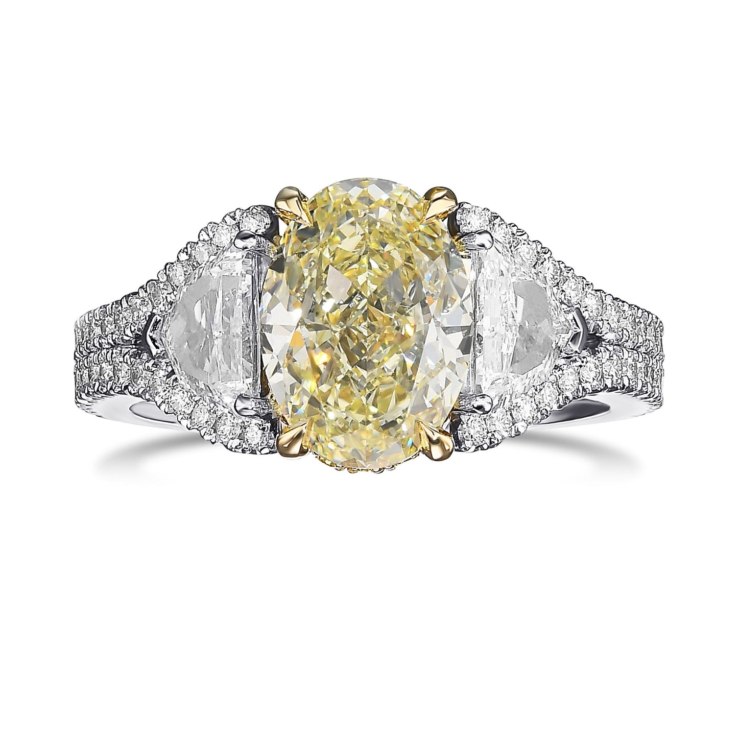 Light Yellow Oval 3 Stone Diamond Ring