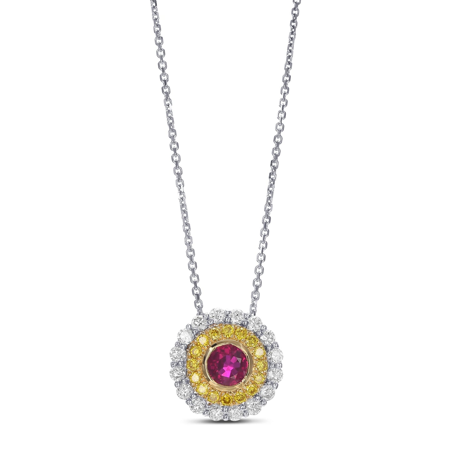 Ruby and Fancy Vivid Yellow Double Halo Diamond Pendant