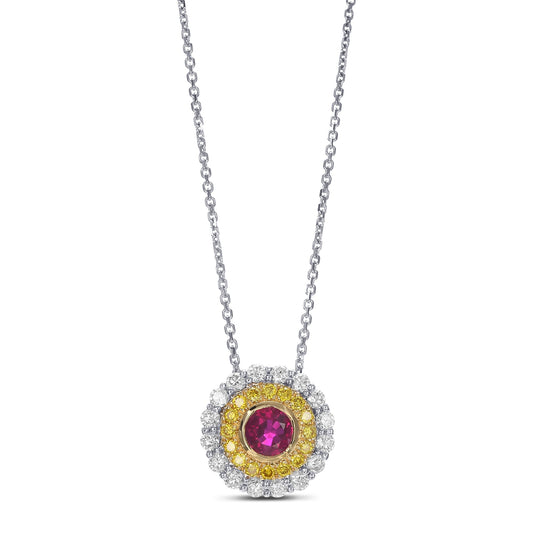 Rubin- und Fancy Vivid Yellow Doppel-Halo-Diamantanhänger