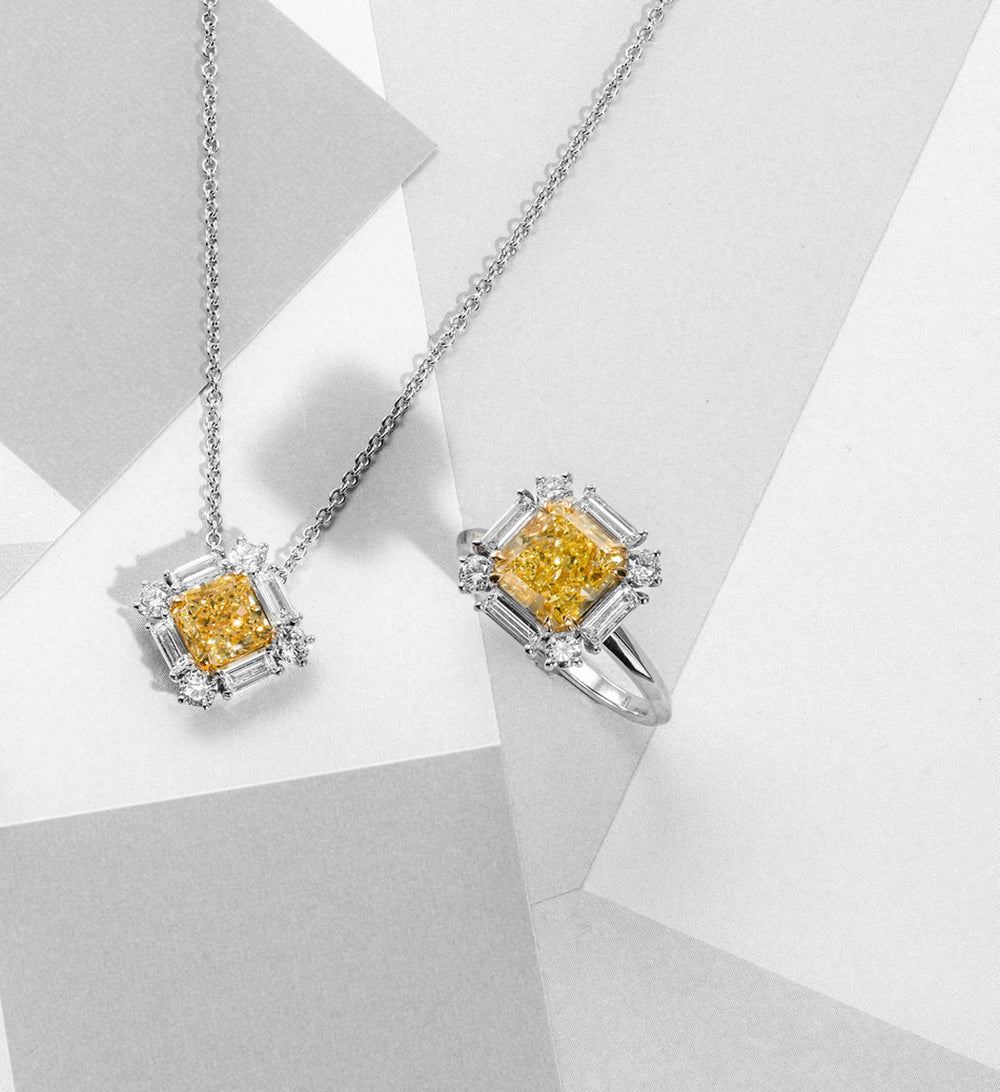 Anhänger mit Halo aus gelben, strahlenden und Baguette-Diamanten
