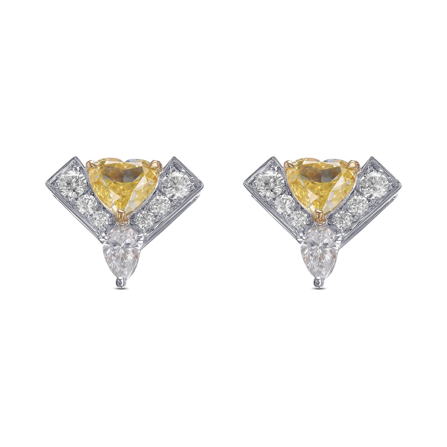 Ohrringe mit Leibish-Logo, Herz und weißen Diamanten in Pavé-Fassung, ausgefallenem, intensivem Gelbton