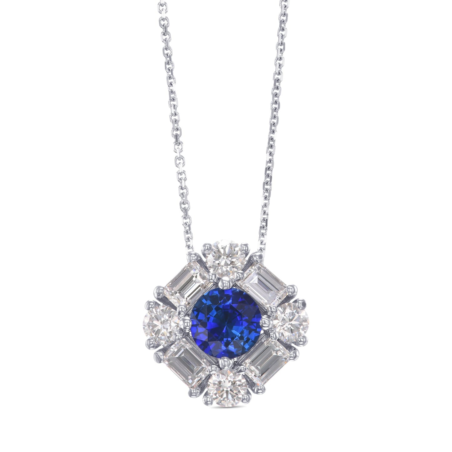 Runder blauer Saphir und Halo-Anhänger mit Baguette-Diamanten