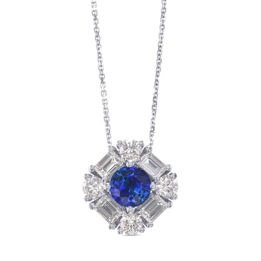 Runder blauer Saphir und Halo-Anhänger mit Baguette-Diamanten