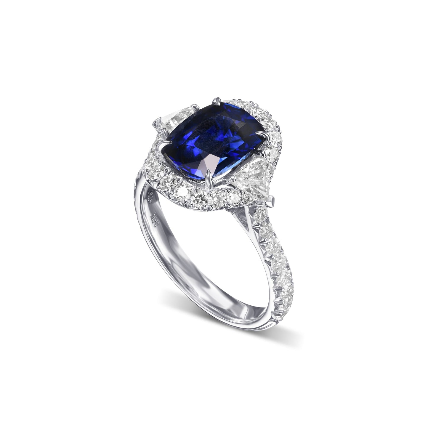 Royal Blue Cushion Sapphire & Triangle Diamond Halo Ring