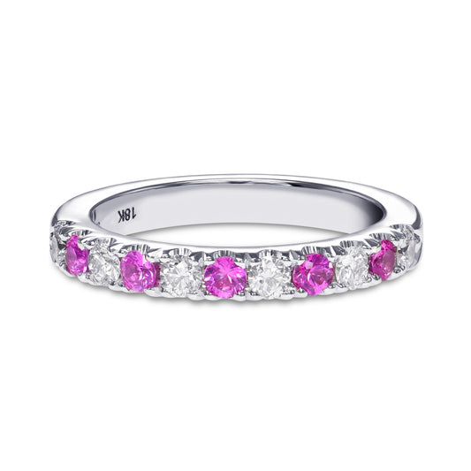 Ehering mit rosa Saphir und Diamanten im Brillantschliff